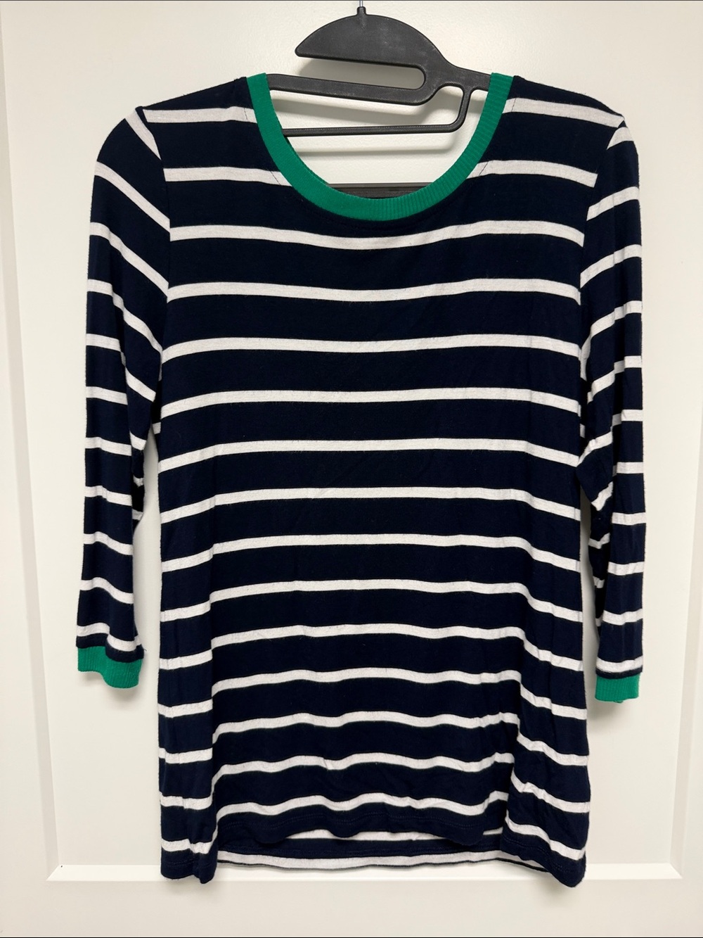 Lemon Tart Navy & White Striped Long Sleeve Top with Green Trim